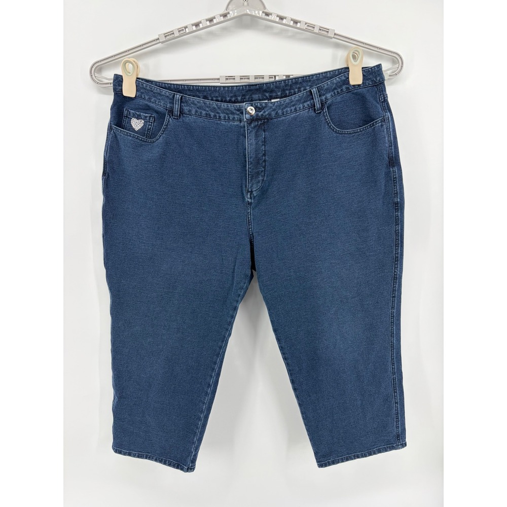 Quacker Factory Womens 24W Blue DreamJeannes Rhinestone Heart Pedal Pusher Pants